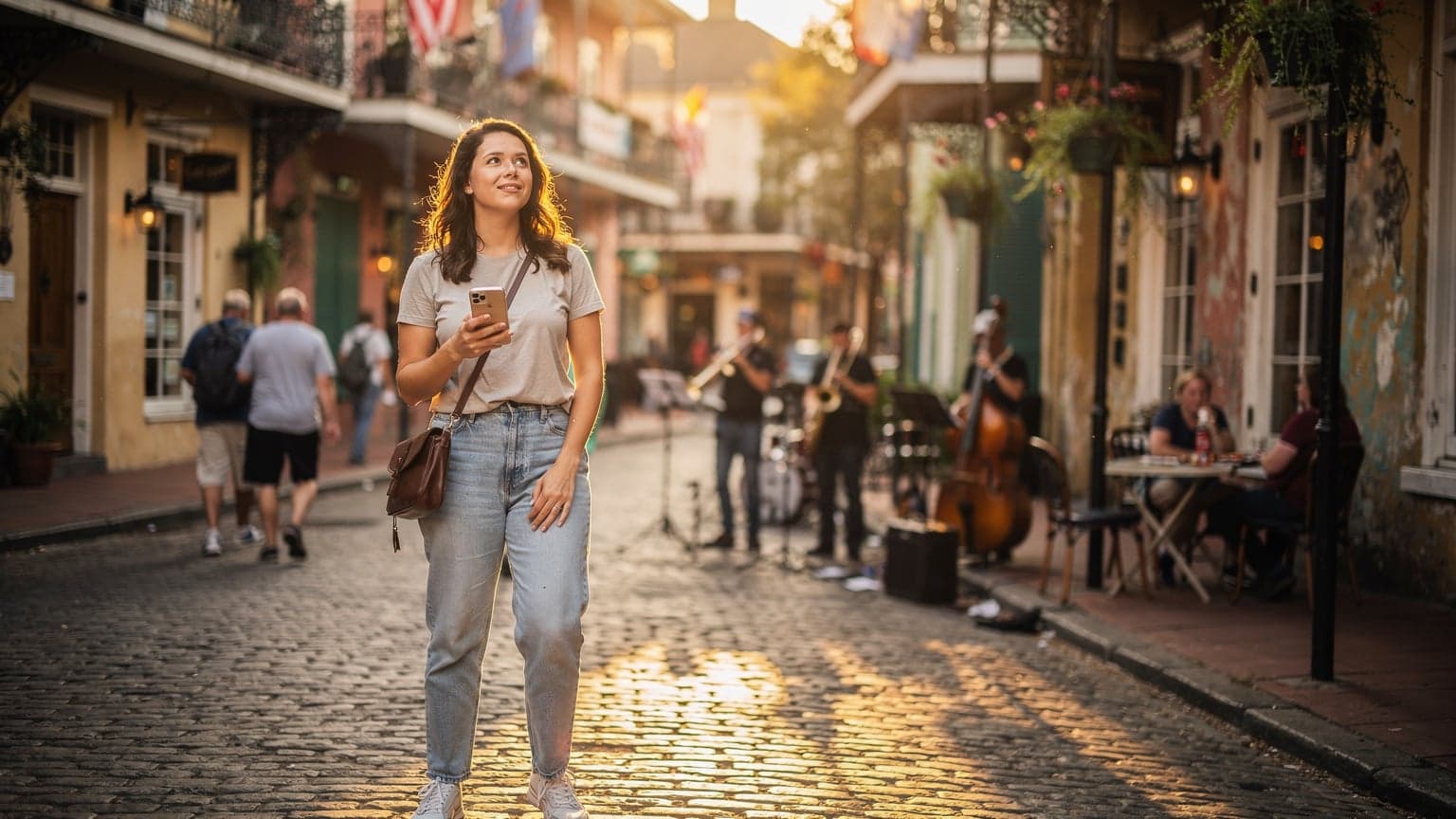 A traveler uses their phone to navigate a bustling street in New Orleans' French Quarter, surrounded by historic architecture and lively street musicians.