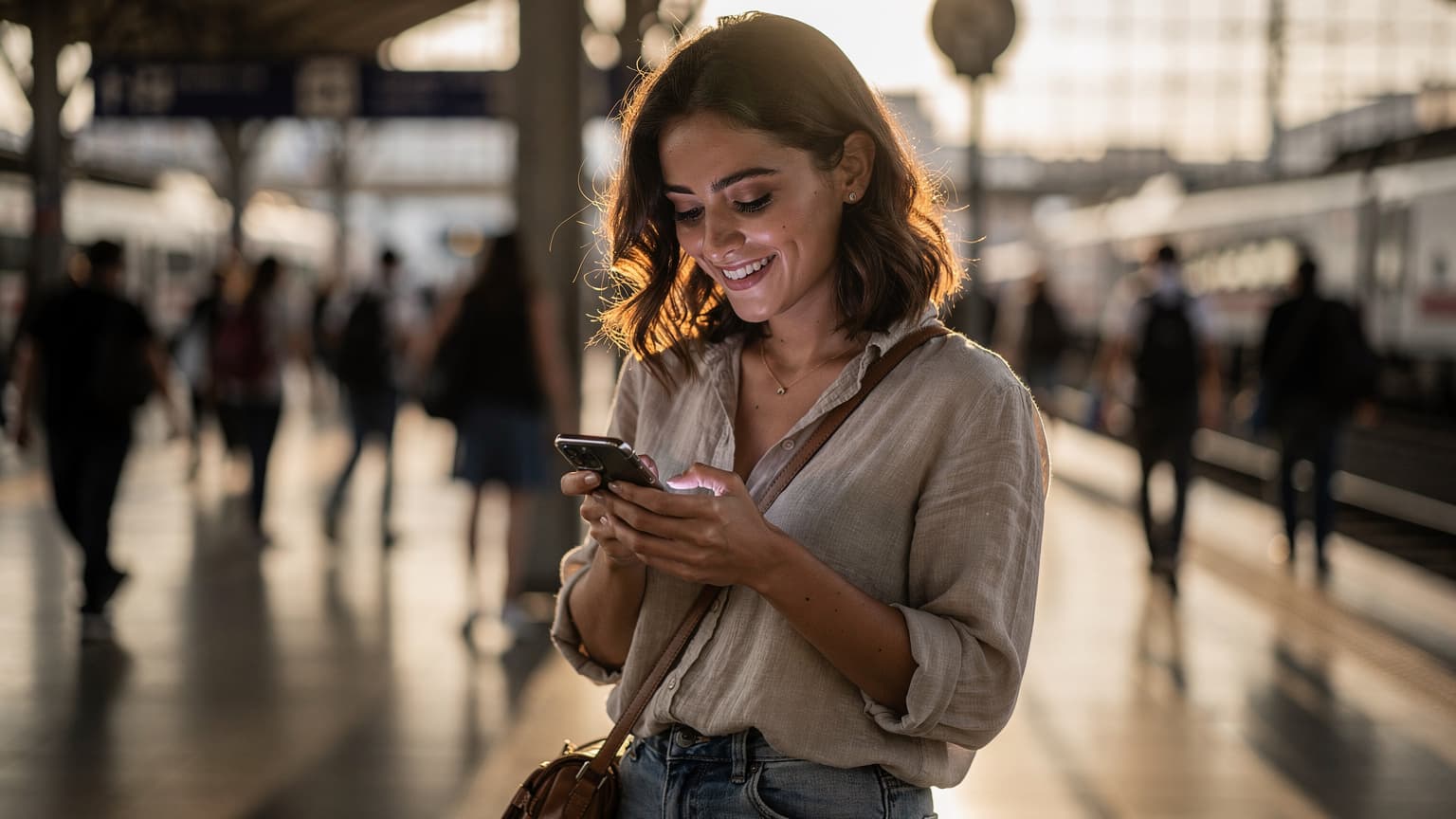O femeie tânără, cu un zâmbet optimist, verifică telefonul compatibil eSIM pe peronul aglomerat al unei stații de tren din Roma, posibil Termini, luminată de soarele de după-amiază.