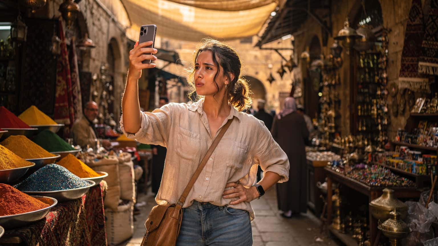 Eine Frau mit einem Smartphone in der Hand, die auf einem geschäftigen Markt in Kairo steht und von bunten Gewürzen und Stoffen umgeben ist, während sie versucht, eine Verbindung herzustellen.