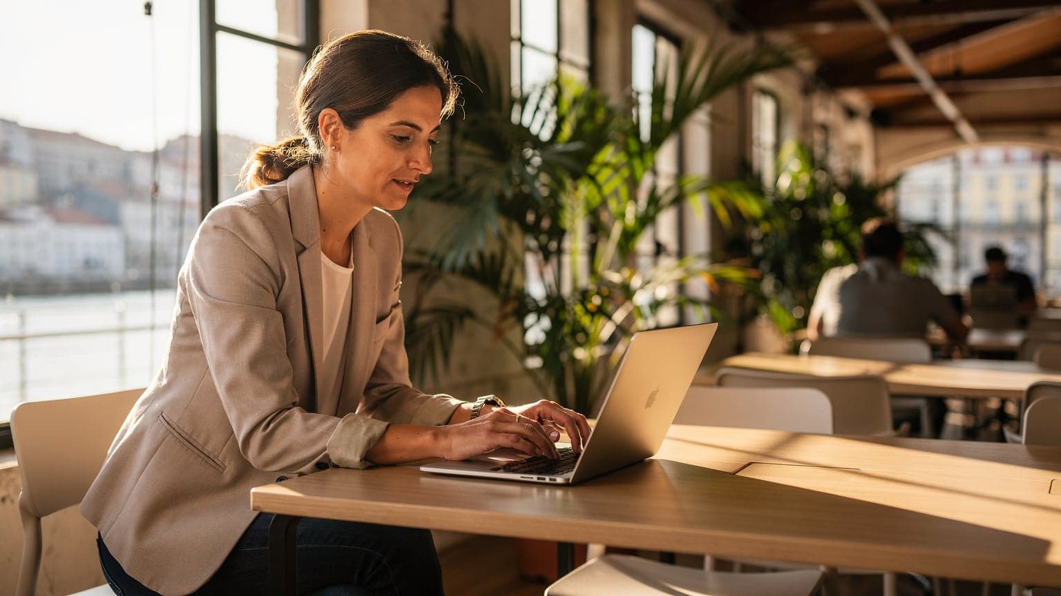 A woman working on a sleek silver laptop with a coffee cup beside her, inside a modern, sunlit co-working space in Lisbon, Portugal.