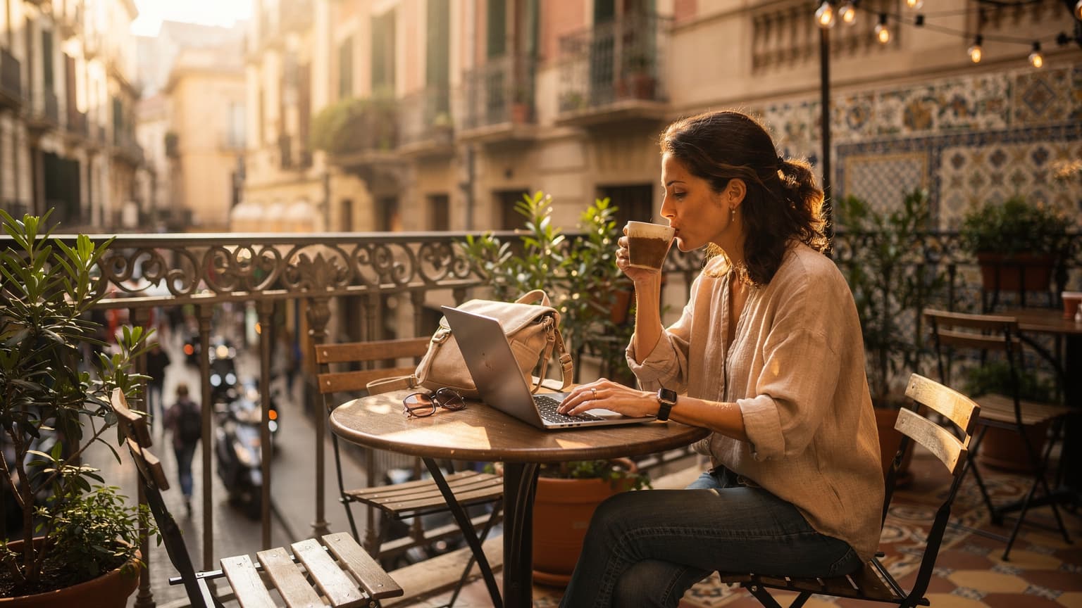 Una mujer viajera con un portátil en una terraza soleada en el barrio de Gràcia, Barcelona, con edificios modernistas de fondo.