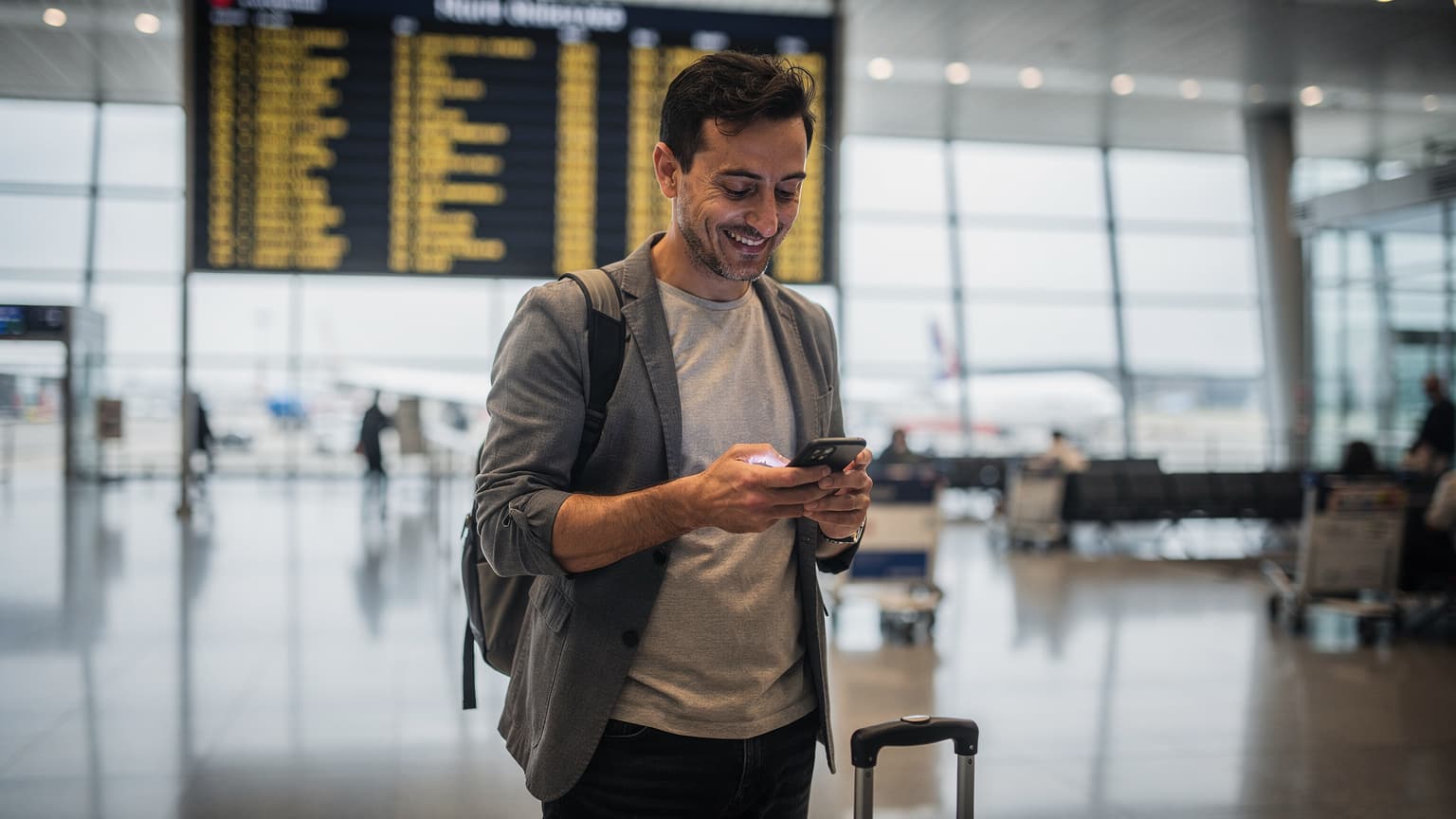 Un viaggiatore stanco ma soddisfatto controlla il suo telefono all'interno dell'aeroporto di Malpensa, con il tabellone delle partenze sfocato sullo sfondo, dopo aver attivato una eSIM.