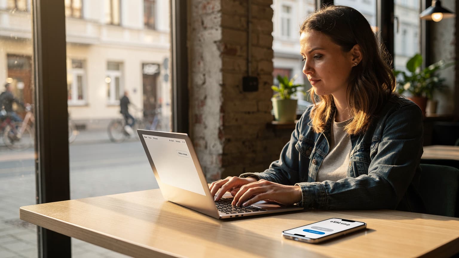 Eine junge Frau sitzt in einem Café in Berlin-Mitte, ihr Laptop ist aufgeklappt, sie tippt konzentriert, während ihr Smartphone daneben liegt und eine eSIM-Einrichtung anzeigt.