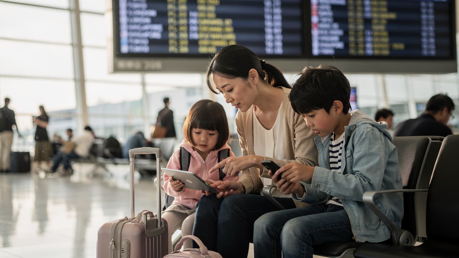 羽田空港の国際線出発ロビーで、出発案内の大きなフライト情報表示板の前で、母親が子どもたち(4歳と8歳)のタブレットとスマートフォンにeSIMの設定をしている様子。