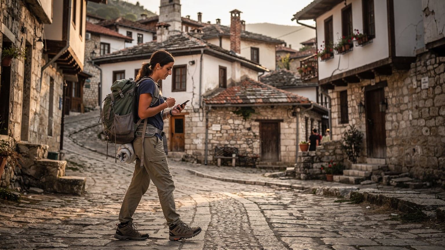 Mladá žena s batohem prochází úzkou, dlážděnou uličkou v historickém Gjirokastëru v Albánii, drží telefon a kontroluje mapu.