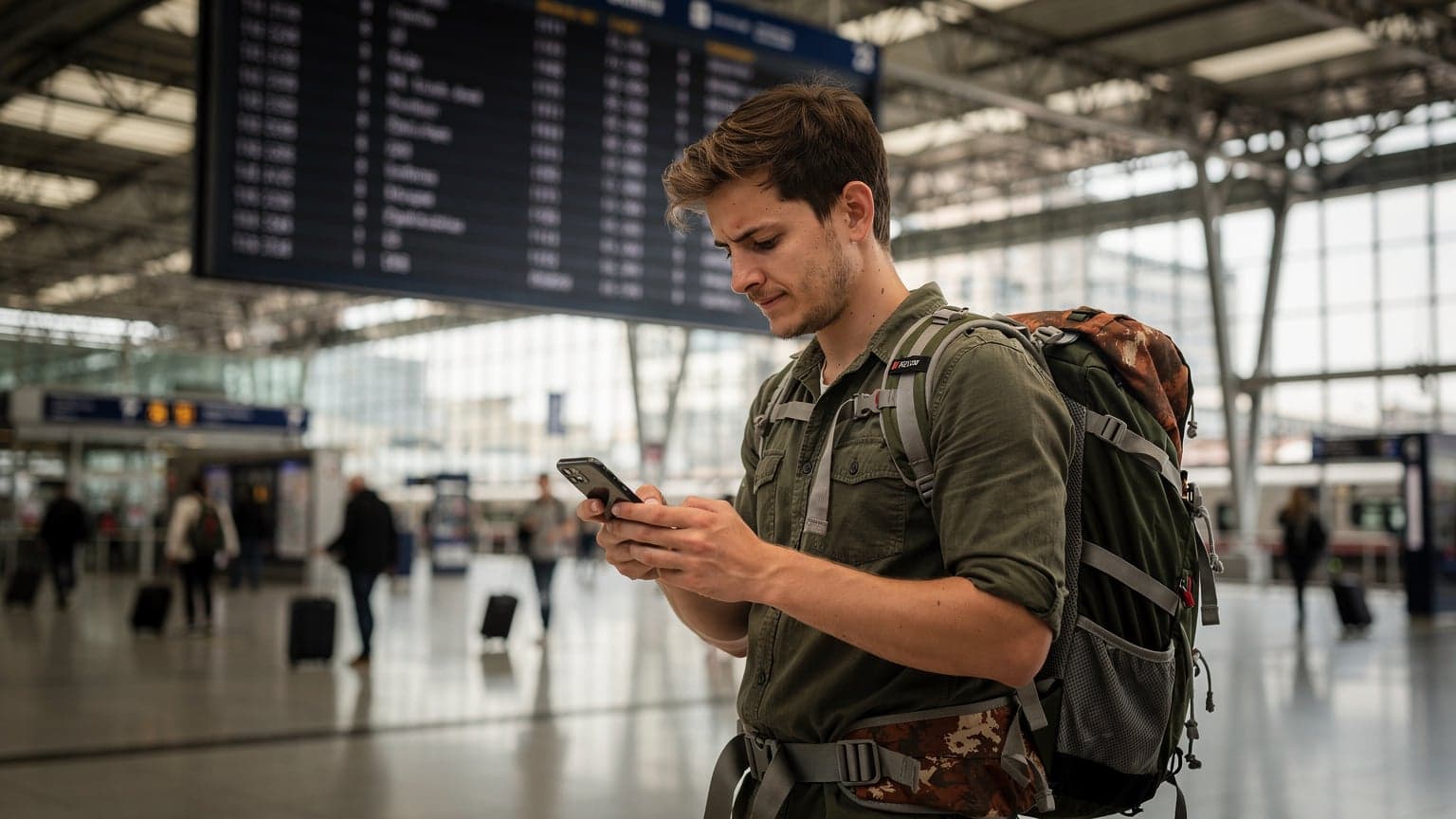 A backpacker in a bustling European train station checks their phone, considering their data options for an upcoming journey.