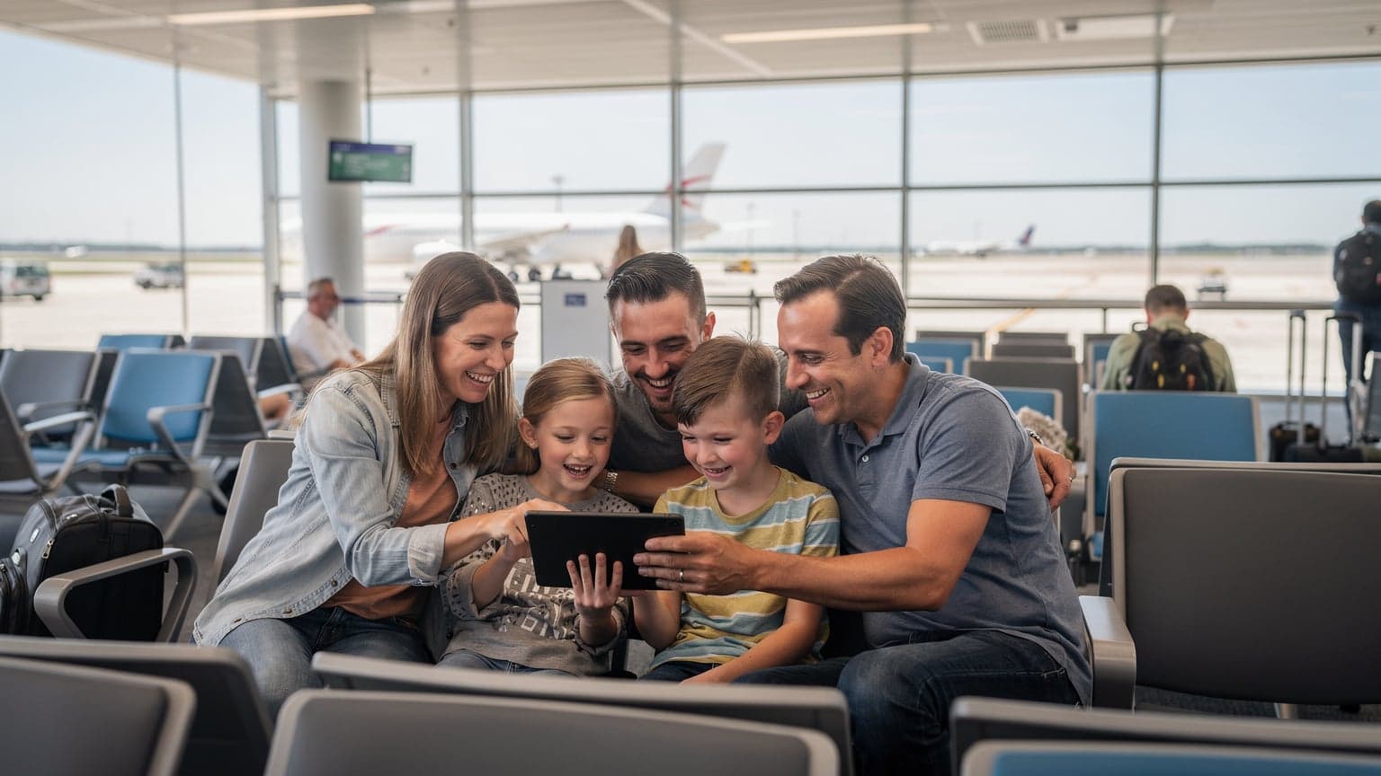 A family of four, two parents and two children, looking at a tablet together at an airport gate, with their luggage nearby.
