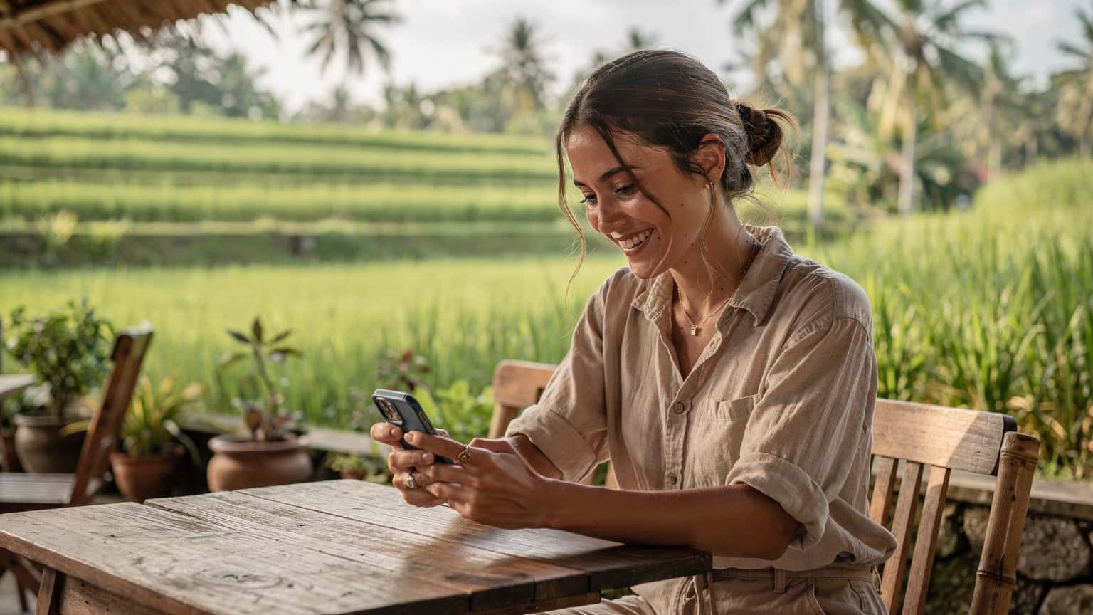 A woman uses her smartphone to check a map while seated at an outdoor cafe in Ubud, Bali, with lush green rice paddies visible in the background.