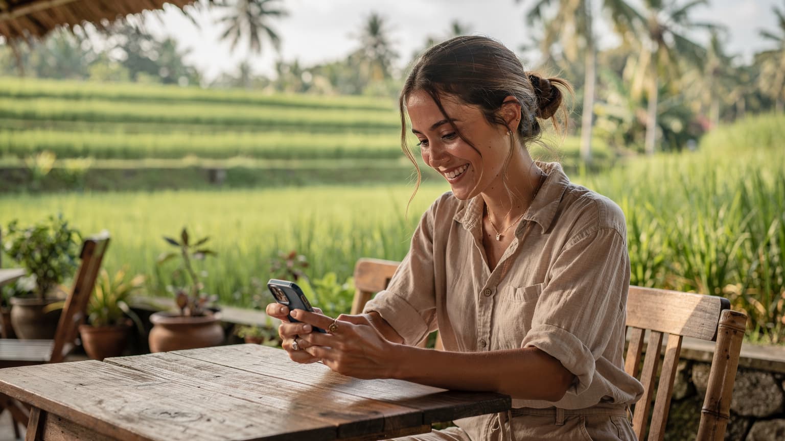 A woman uses her smartphone to check a map while seated at an outdoor cafe in Ubud, Bali, with lush green rice paddies visible in the background.
