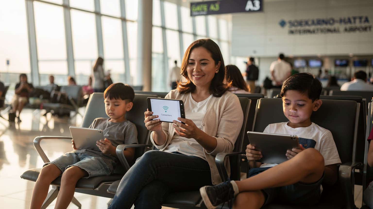Seorang ibu tersenyum sambil memegang smartphone-nya di bandara Soekarno-Hatta, anak-anaknya bermain tablet di kursi tunggu, menunjukkan konektivitas yang lancar sebelum boarding.