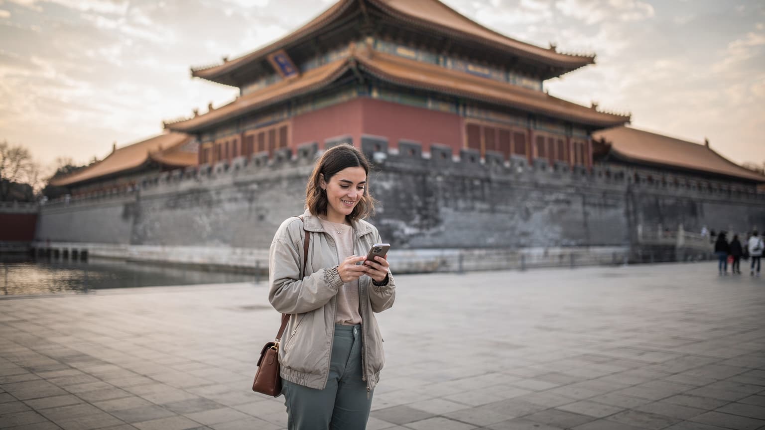 一名中國大陸遊客在北京故宮角樓前, 手持啟用eSIM的智能手機查看地圖, 背景是藍天下的古建築群, 陽光柔和。