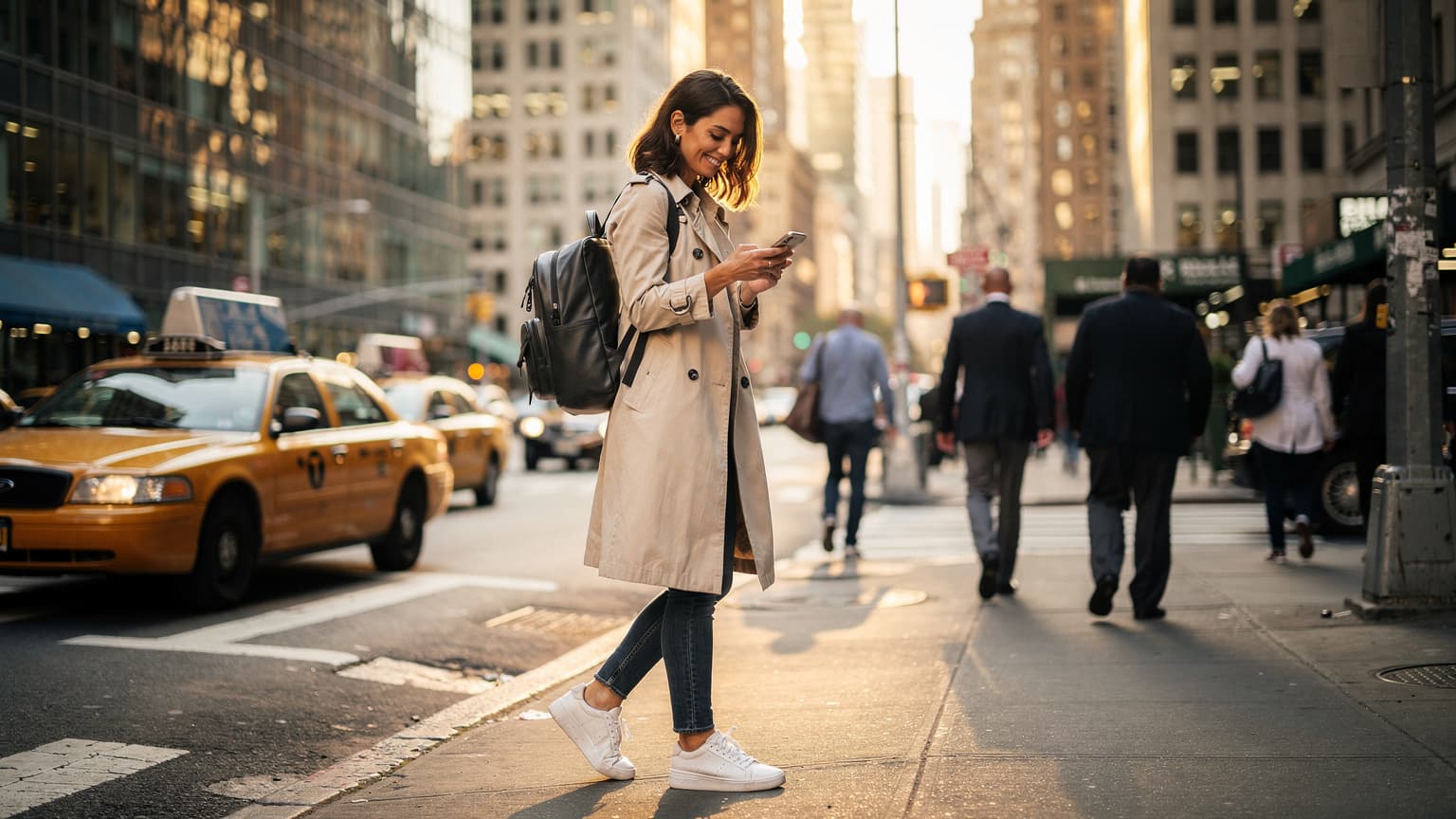 Mladá žena s telefonem v ruce, usmívá se a prochází se po ulicích New Yorku s ikonickými žlutými taxíky a mrakodrapy v pozadí.