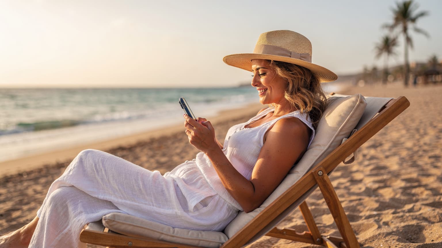 Een vrouw met een zonnehoed kijkt lachend naar haar telefoon terwijl ze ontspant op een ligstoel aan het strand van Santa Maria, Sal, met de azuurblauwe Atlantische Oceaan op de achtergrond.