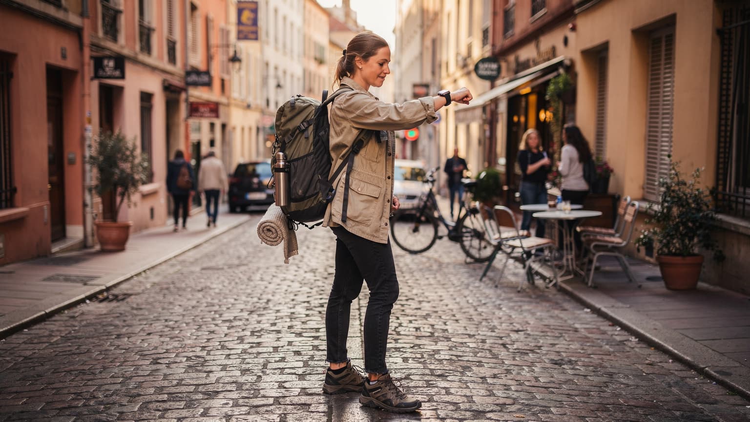 Une voyageuse avec un sac à dos consulte sa carte sur son Apple Watch Series 9 en marchant dans une rue animée de Lyon, la ville des lumières.
