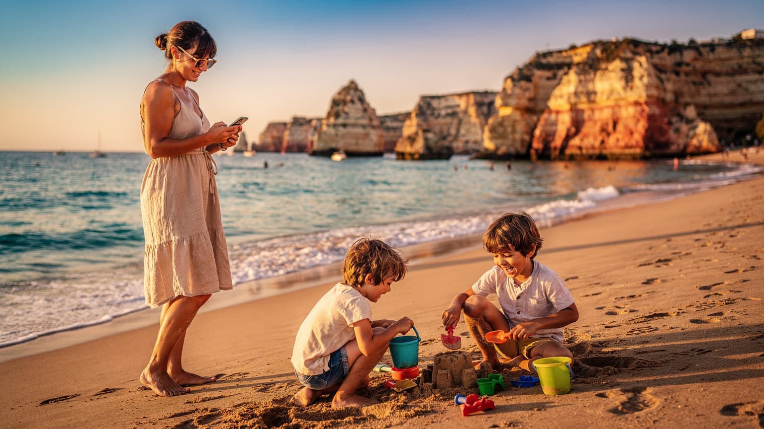 Uma mãe sorridente e relaxada, com óculos de sol, verificando seu iPhone 18 enquanto seus dois filhos pequenos brincam com pás e baldes na areia de uma praia dourada em Portugal, ao fundo um sol suave de fim de tarde.