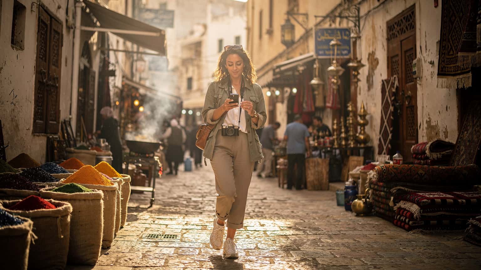 A woman confidently navigating a busy market street in Algiers, Algeria, holding her smartphone, with traditional Algerian architecture in the background.