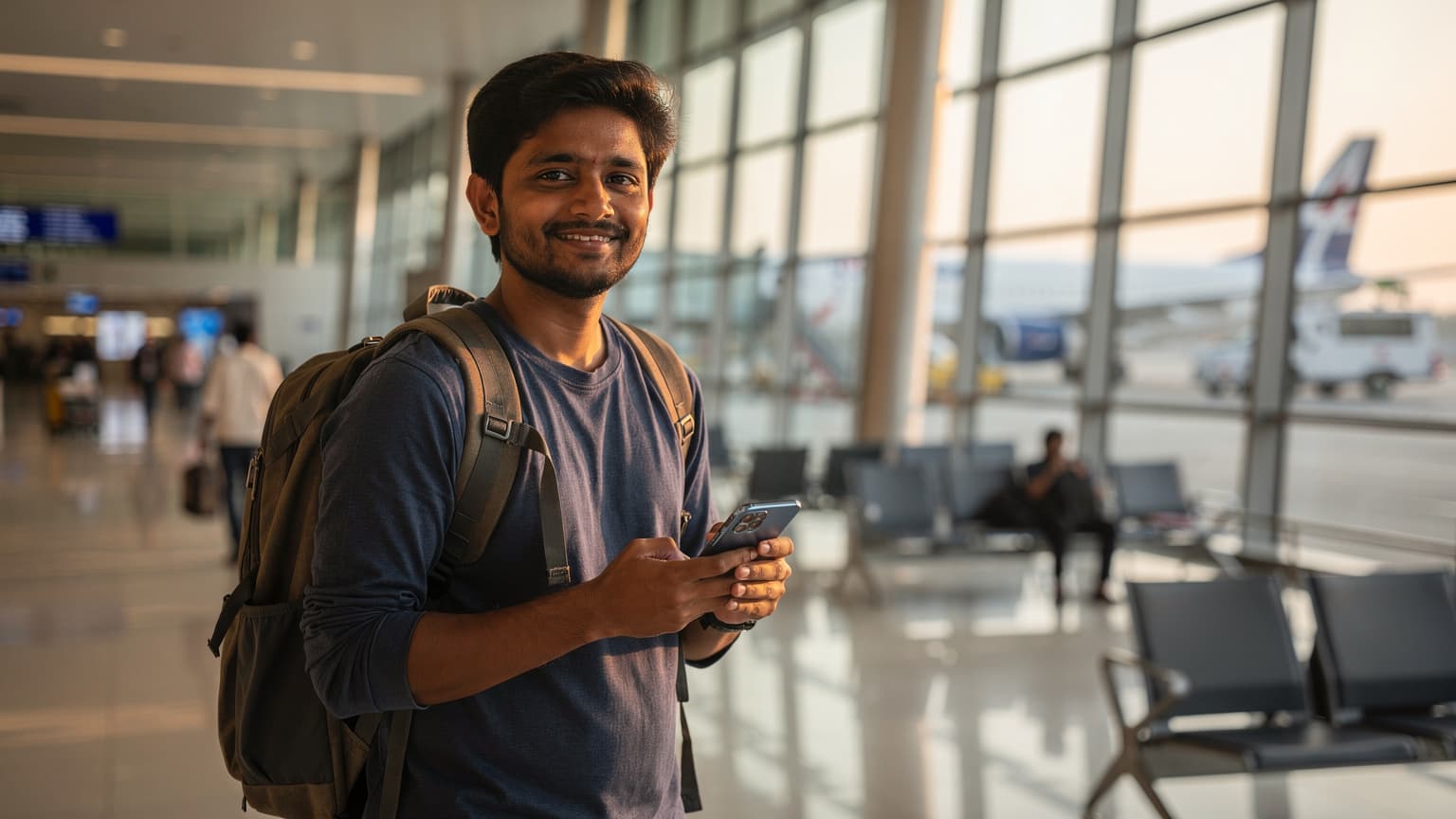 एक भारतीय यात्री मुंबई के छत्रपति शिवाजी महाराज अंतर्राष्ट्रीय हवाई अड्डे के डिपार्चर गेट पर अपने स्मार्टफोन पर eSIM प्रोफाइल एक्टिवेट कर रहा है, उसके चेहरे पर हल्की सी मुस्कान है.