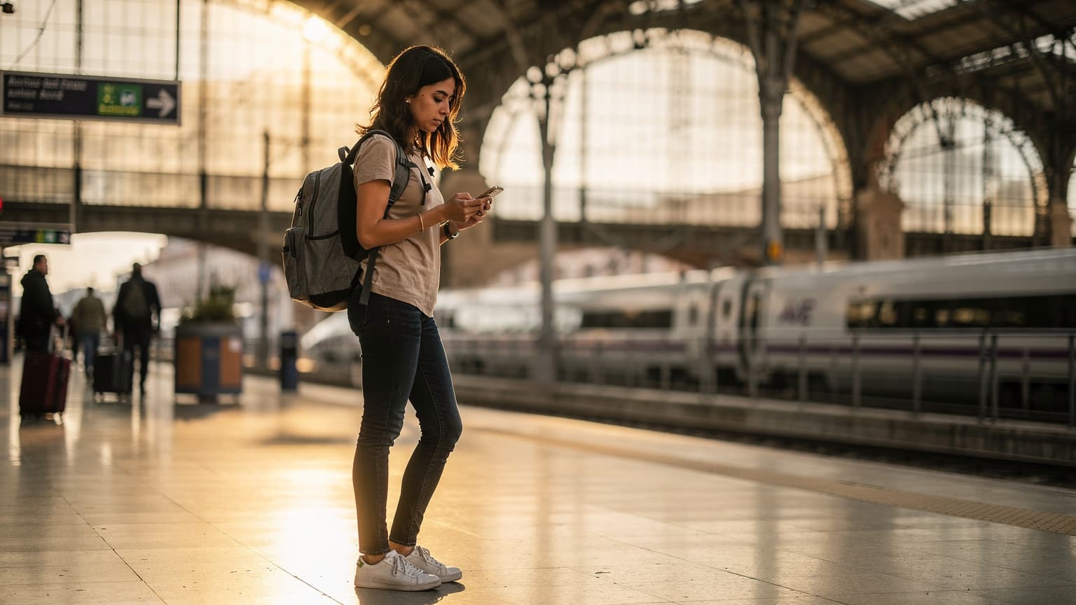 Una mujer joven con una mochila pequeña revisa su teléfono mientras espera en la estación de tren de Atocha en Madrid, con los trenes de alta velocidad de fondo y una luz suave de atardecer entrando por los grandes ventanales.