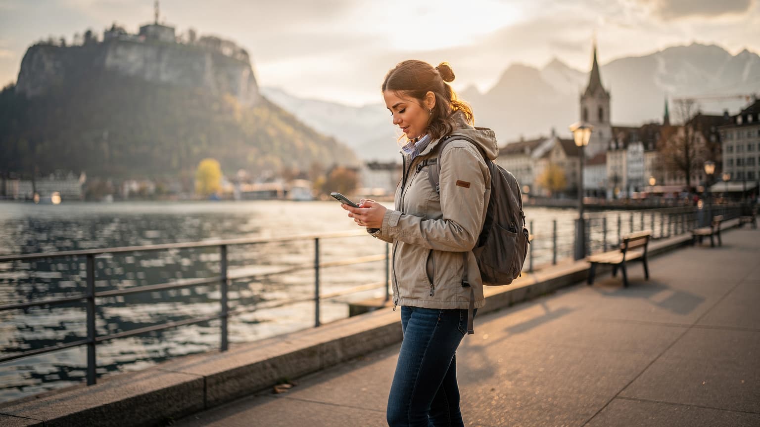 O femeie zâmbitoare, îmbrăcată casual, verifică harta pe telefonul ei în timp ce stă lângă Lacul Zurich, cu Alpii în fundal, la apus.