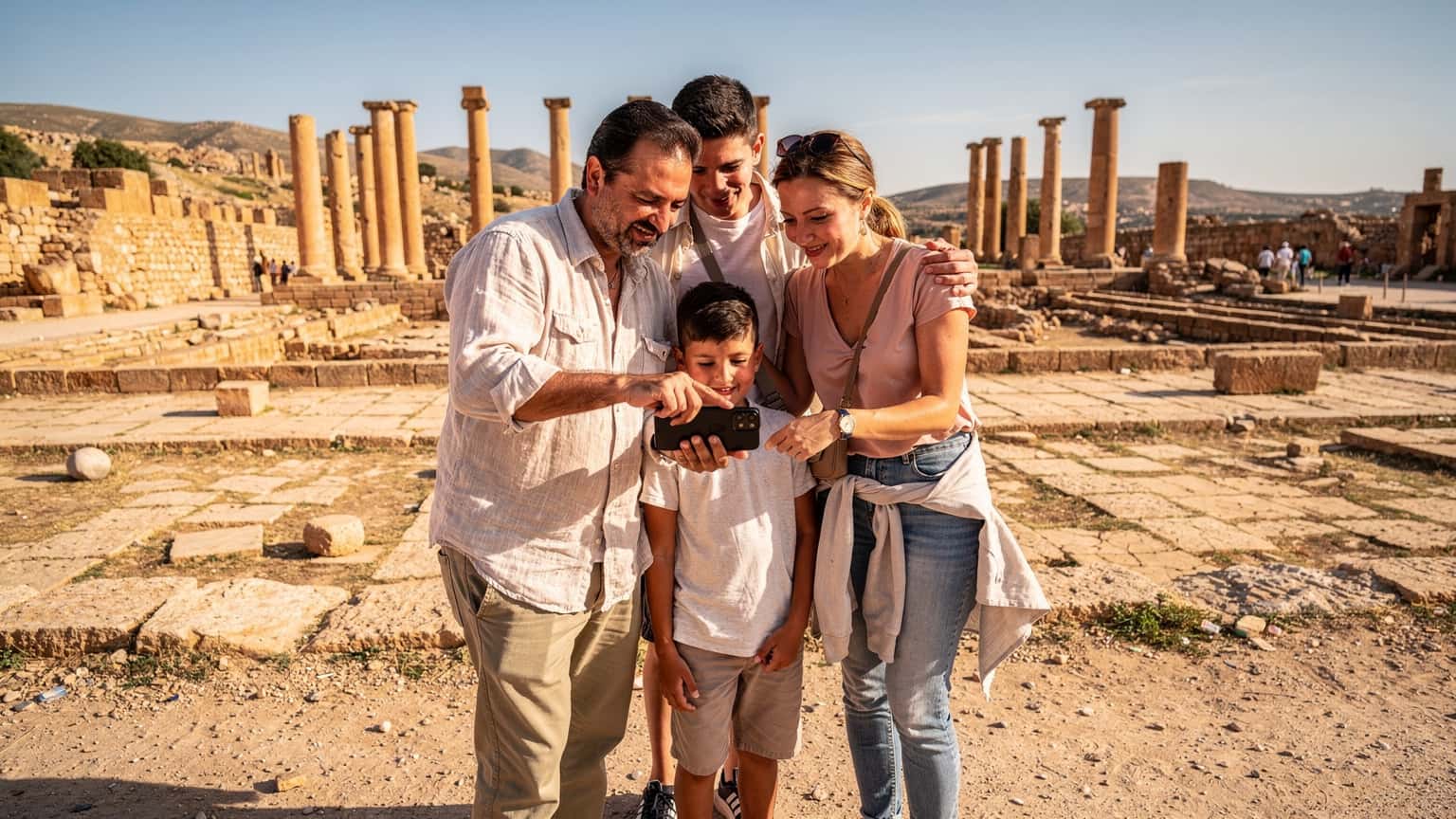 Une famille, parents et deux enfants, consultent un téléphone pour une carte hors ligne devant les ruines romaines de Timgad en Algérie, sous un ciel bleu clair.