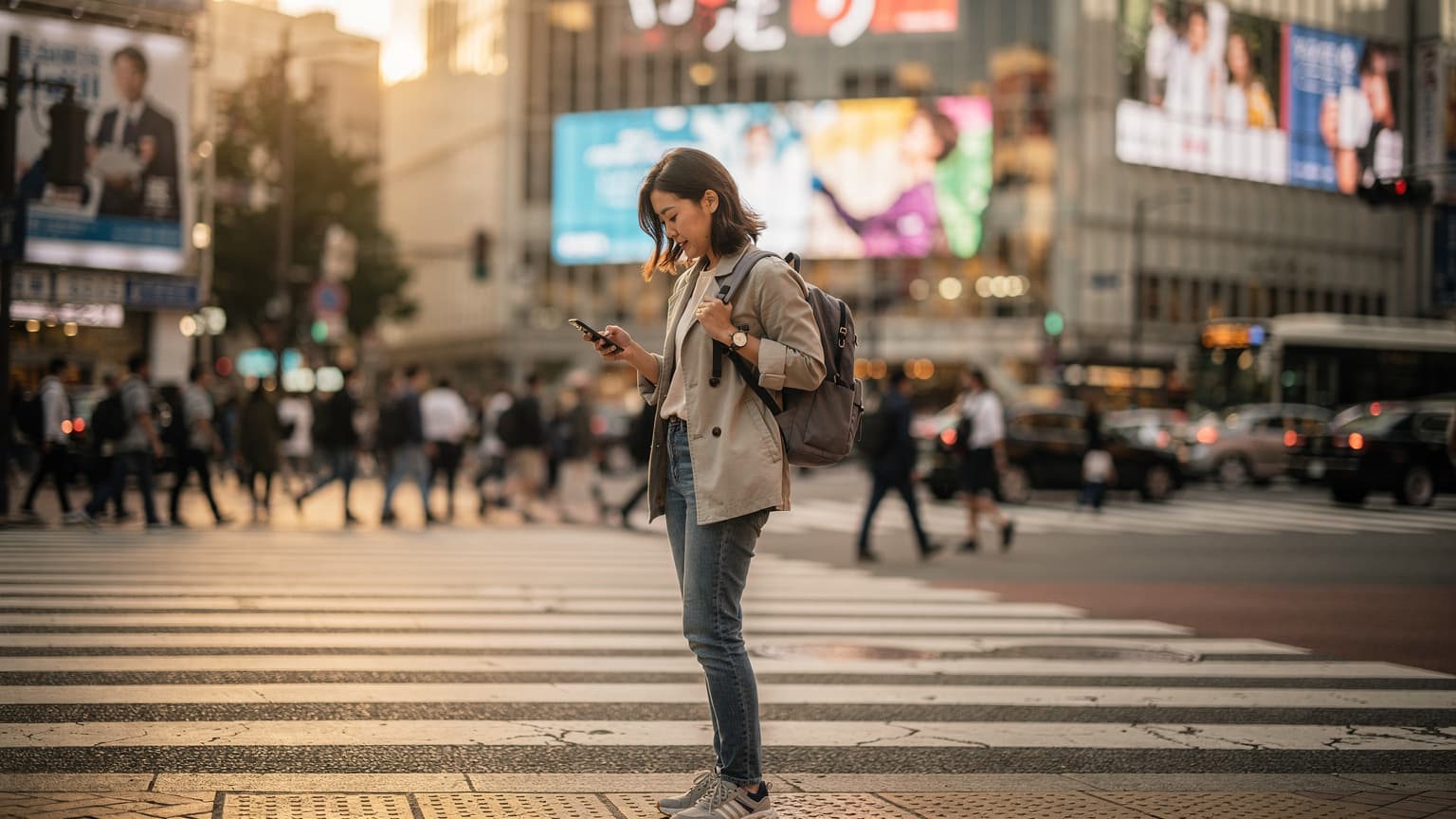 Eine junge Frau überprüft ihr Smartphone, während sie auf einer belebten Shibuya-Kreuzung in Tokio steht, umgeben von Leuchtreklamen und der Energie der Stadt.
