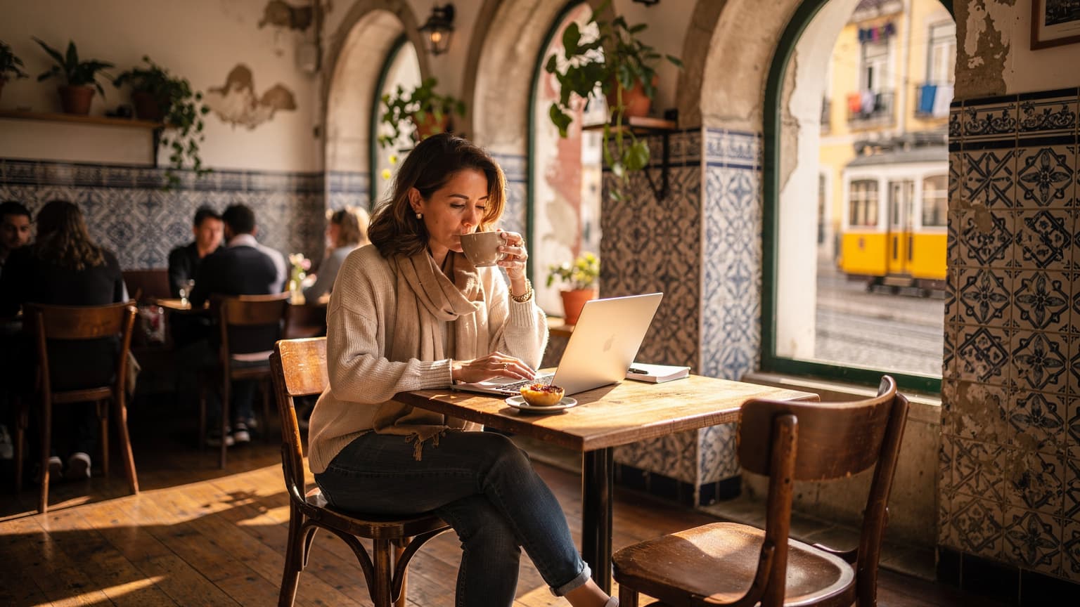 En kvinne sitter på en kafé i Lisboa, Portugal, med en laptop og en smarttelefon, omgitt av gamle bygårder og en trikk som passerer i bakgrunnen.