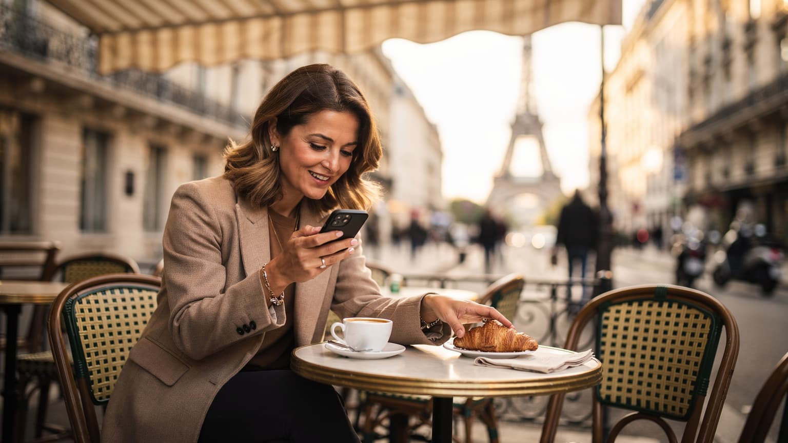 Une voyageuse souriante et détendue, assise à la terrasse d'un café parisien typique à Saint-Germain-des-Prés, tenant son nouvel iPhone à la main et consultant une carte, avec la Tour Eiffel en arrière-plan flou, un matin ensoleillé.