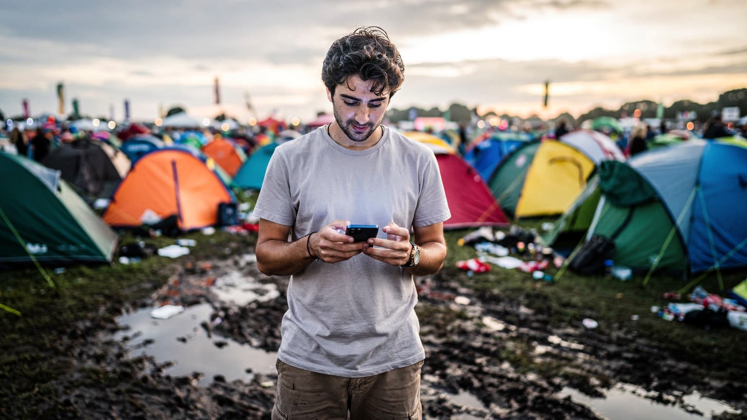 Glastonbury Festivali'nde çadırlar ve kalabalık arasında telefonunu kontrol eden genç bir adam.