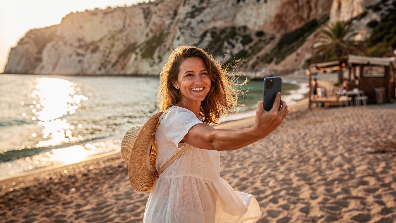 Une femme souriante, les cheveux au vent, prend un selfie avec son téléphone sur une plage ensoleillée de la Méditerranée, avec des eaux turquoise et des rochers en arrière-plan.