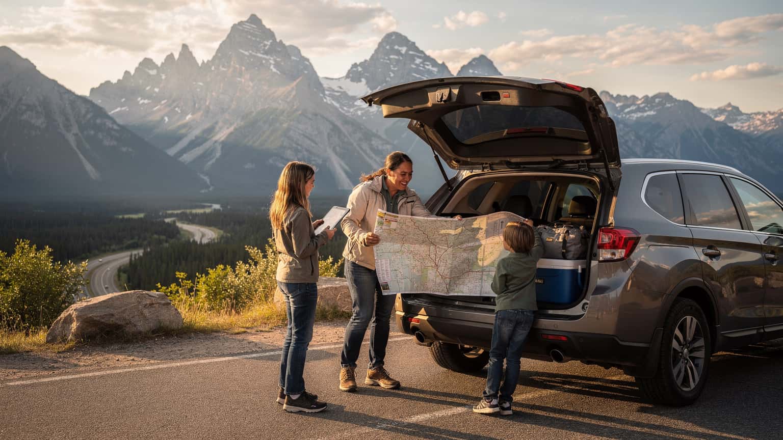 A family SUV parked at a scenic overlook in a US National Park, with parents looking at a map and two children in the back seat watching a tablet, surrounded by majestic mountains and a clear blue sky.