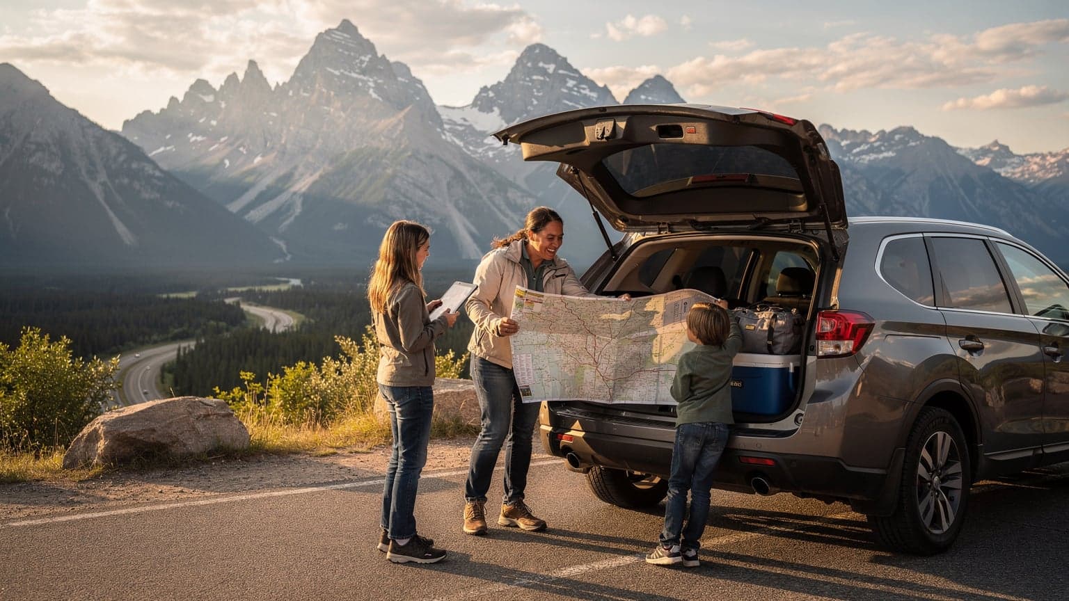 A family SUV parked at a scenic overlook in a US National Park, with parents looking at a map and two children in the back seat watching a tablet, surrounded by majestic mountains and a clear blue sky.