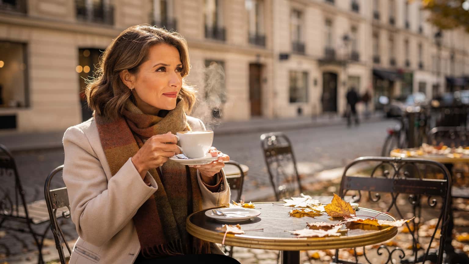 A woman sips coffee at an outdoor cafe in the Marais district of Paris, enjoying the crisp autumn air with golden leaves scattered on the cobblestones, her phone resting beside a croissant.