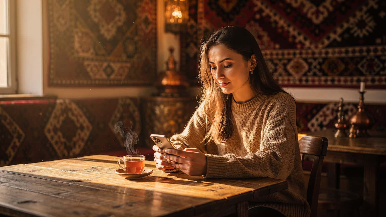 A digital nomad sits at a wooden table in a traditional Kazakh cafe in Almaty, Kazakhstan, looking at her smartphone with a cup of tea nearby, golden hour light streaming through a window.