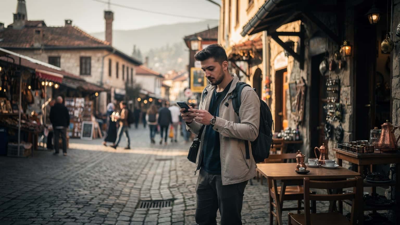 Saraybosna'nın tarihi Başçarşı bölgesinde, eski bir kahvehanenin önünde elinde akıllı telefonuyla yol tarifi bakan genç bir Türk gezgin.