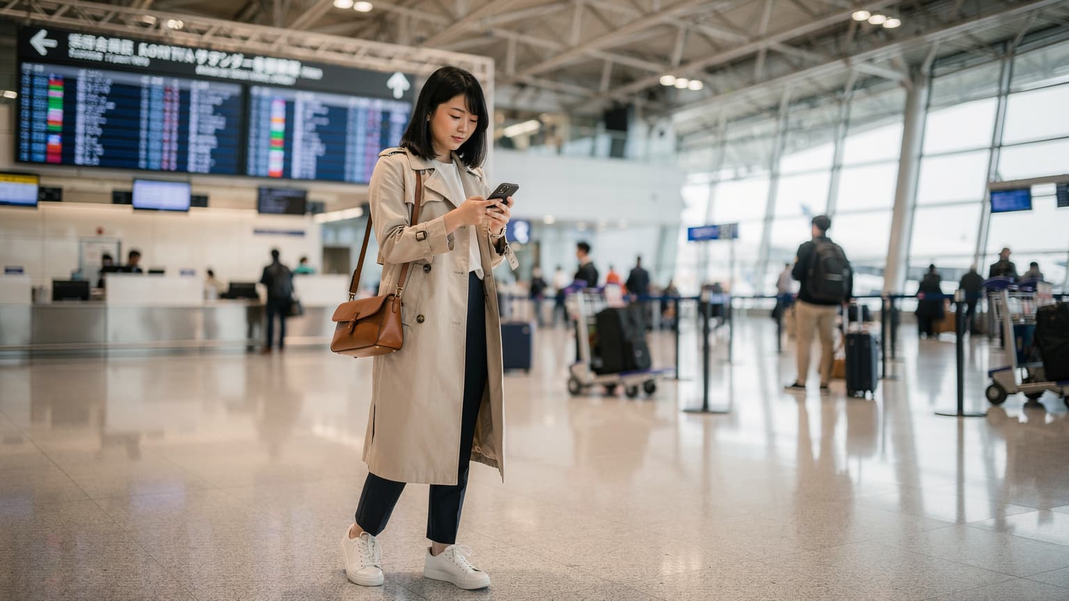 スーツケースを引く若い日本人女性が成田空港の国際線出発ロビーでスマートフォンを操作している。彼女はeSIMの設定を最終確認しており、背景には出発案内板が見える。