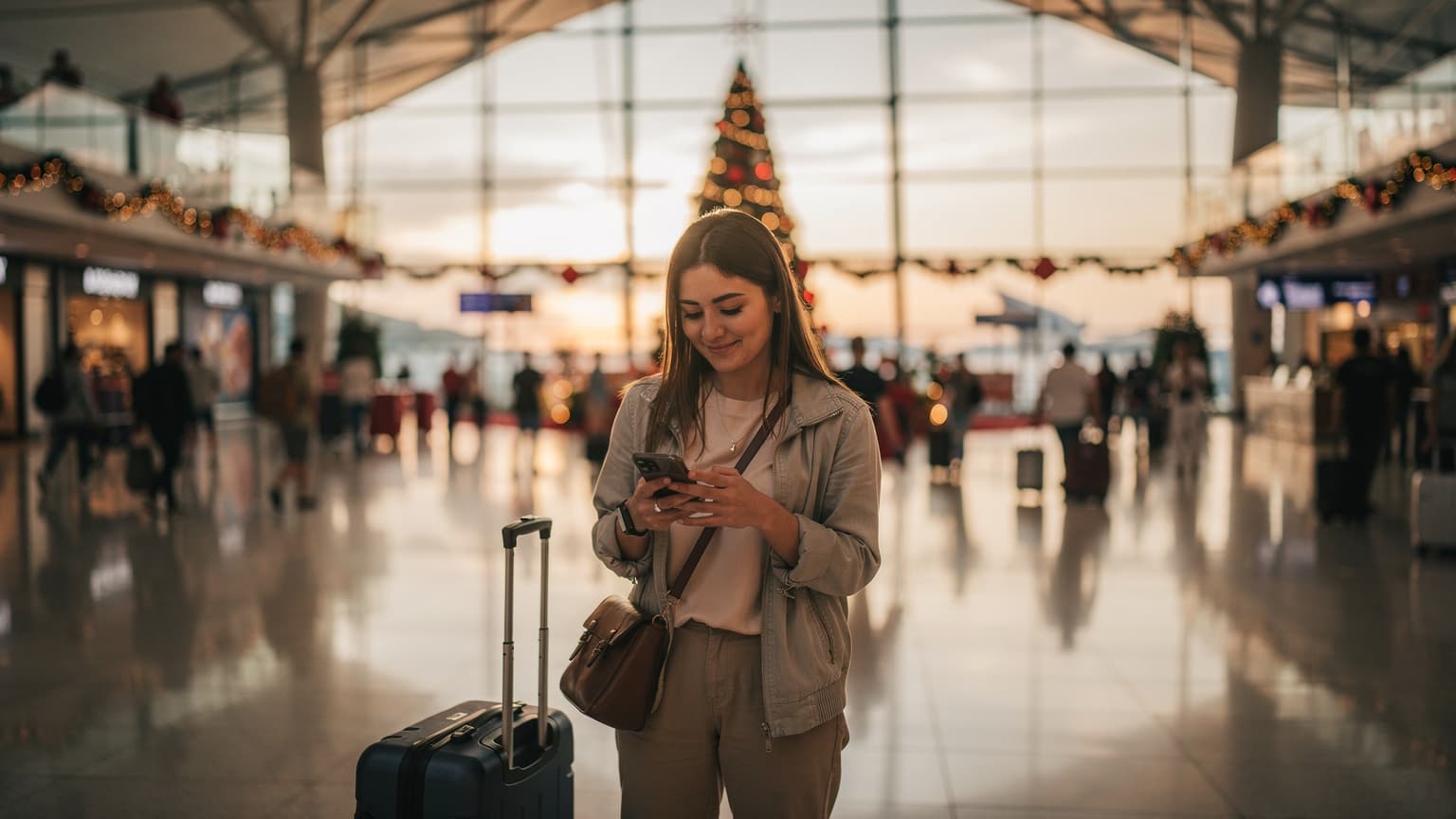 Seorang wanita muda dengan koper dan ponsel di tangan, tersenyum lega setelah berhasil terhubung ke internet di lobi bandara Changi, Singapura, dengan latar belakang dekorasi Natal yang meriah.