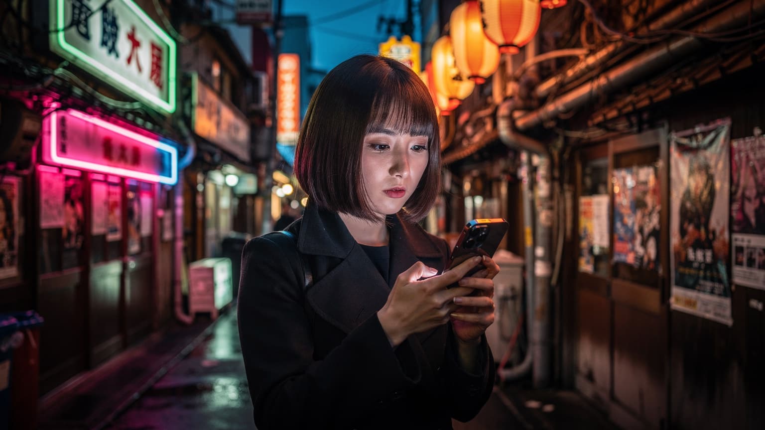 東京、新宿のゴールデン街の路地裏で、iPhoneを手にしている日本人女性のポートレート。彼女は画面を見ており、旅の準備をしている様子。