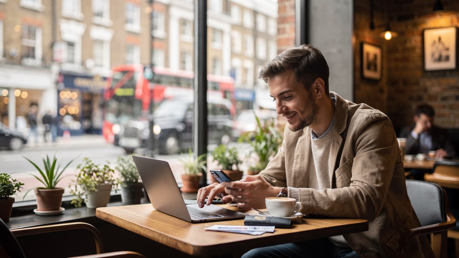 Londra'da bir kafede oturan, dizüstü bilgisayarında çalışan ve elinde akıllı telefonuyla eSIM kurulumu yapan bir gezginin yandan görünüşü, dışarıda hafif yağmurlu bir İngiliz şehir manzarası.