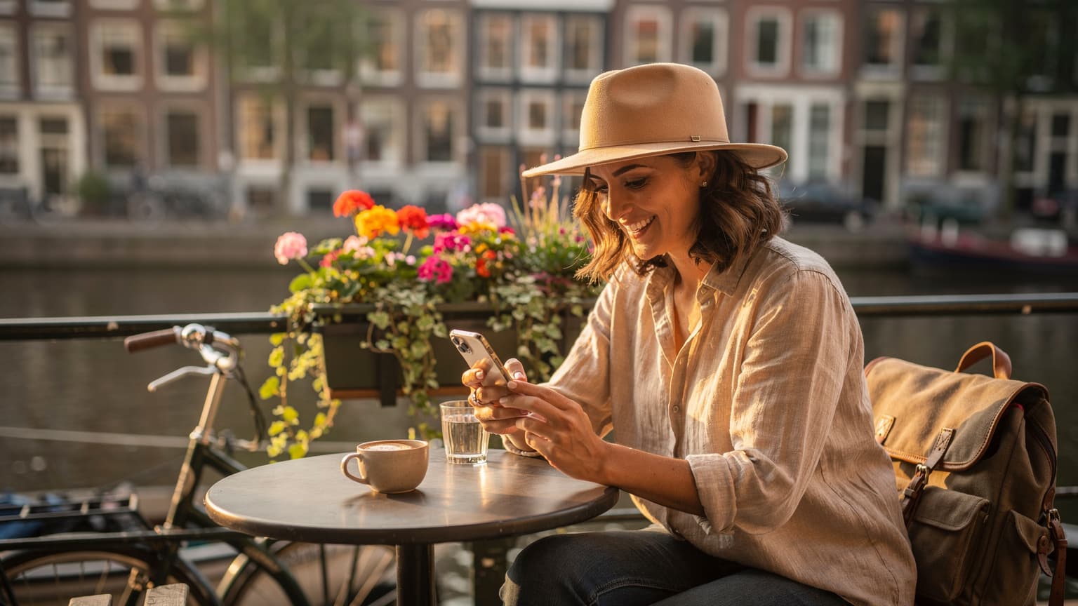 Een vrouw met een trendy rugzak bekijkt met een lichte glimlach haar iPhone op een zonnig terras in de wijk Jordaan in Amsterdam, met grachtenpanden op de achtergrond.