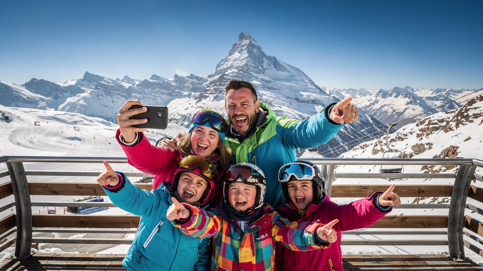 Uma família, pai, mãe e duas crianças, sorrindo e tirando uma selfie com seus telefones em uma montanha nevada na Patagônia chilena, com teleféricos e chalés ao fundo sob um céu azul claro.