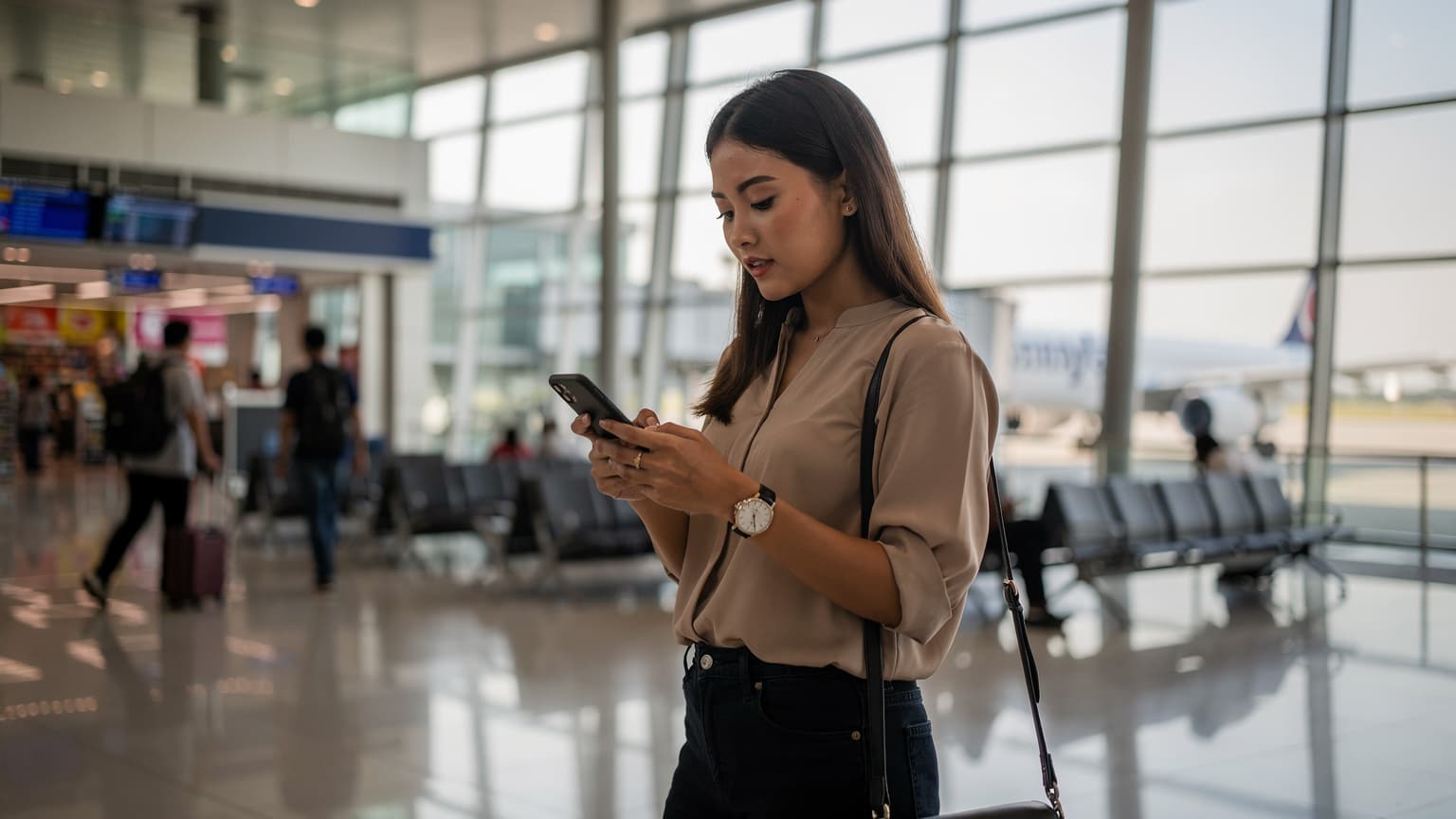 Seorang wanita muda Indonesia sedang memeriksa ponselnya di Terminal 3 Bandara Internasional Soekarno-Hatta, dengan latar belakang gerbang keberangkatan yang ramai dan pesawat yang terlihat samar di luar jendela.