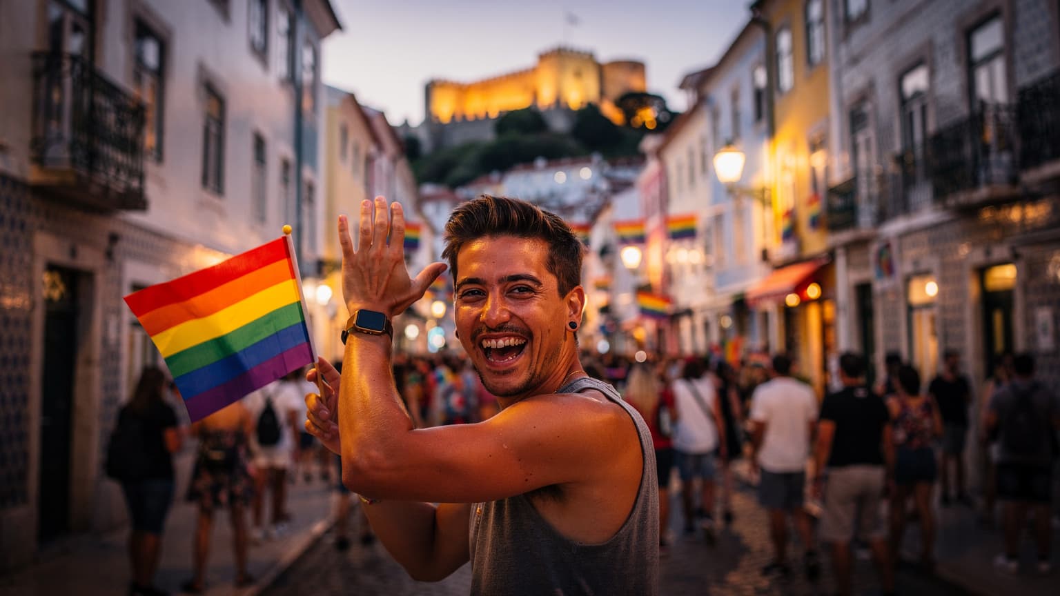 Uma pessoa animada no Arraial Pride em Lisboa, acenando uma pequena bandeira arco-íris, com o Castelo de São Jorge ao fundo ao entardecer.