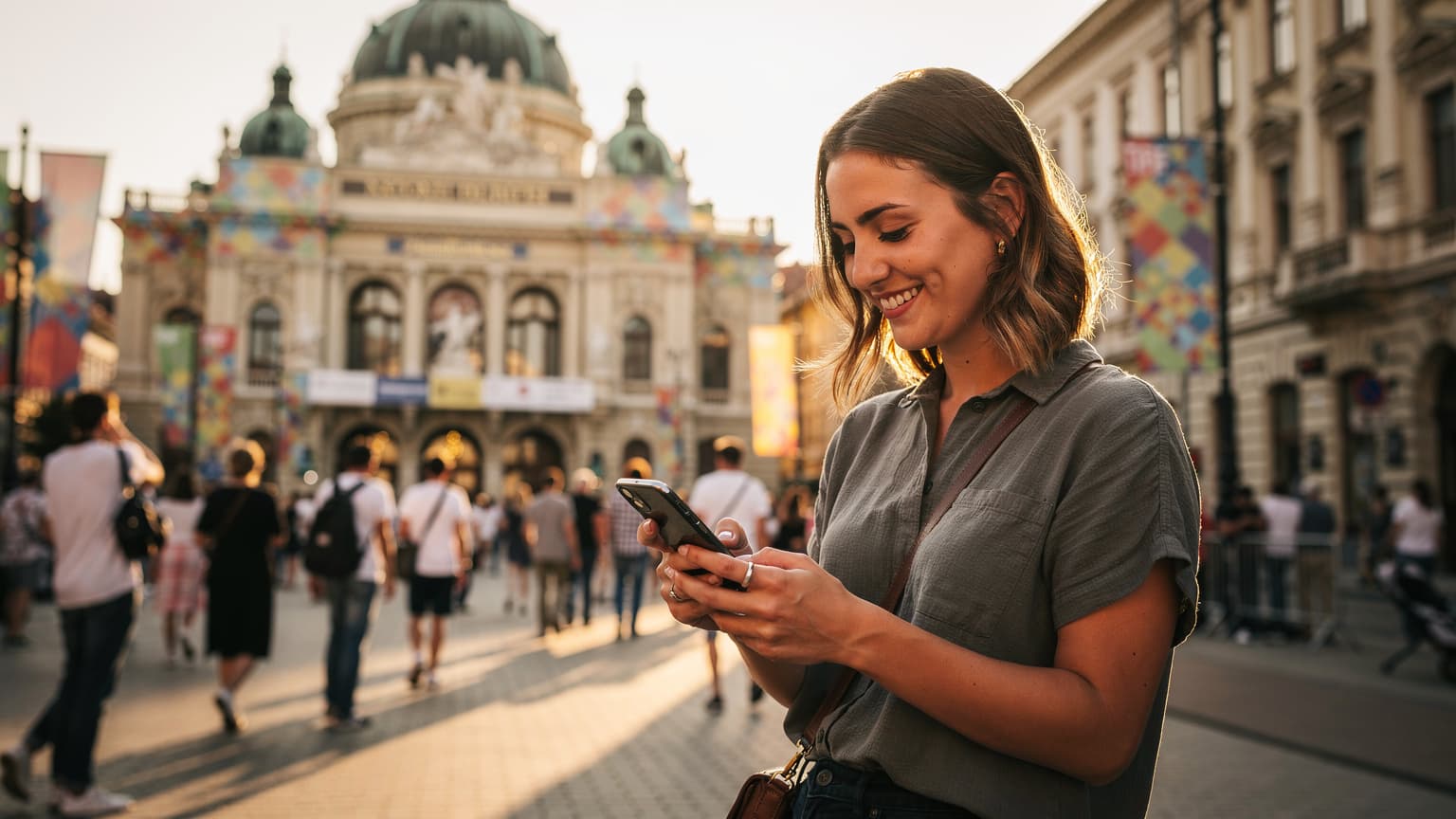 O tânără zâmbind, verificând programul festivalului pe telefon, în fața Teatrului Național din Cluj-Napoca, cu atmosfera vibrantă a festivalului în fundal.