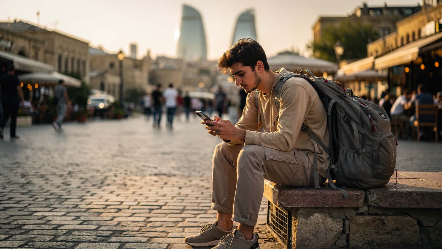 A budget backpacker reviews their eSIM data plan on a smartphone while sitting on a bustling street in Baku, Azerbaijan, with the Flame Towers visible in the distance at sunset.