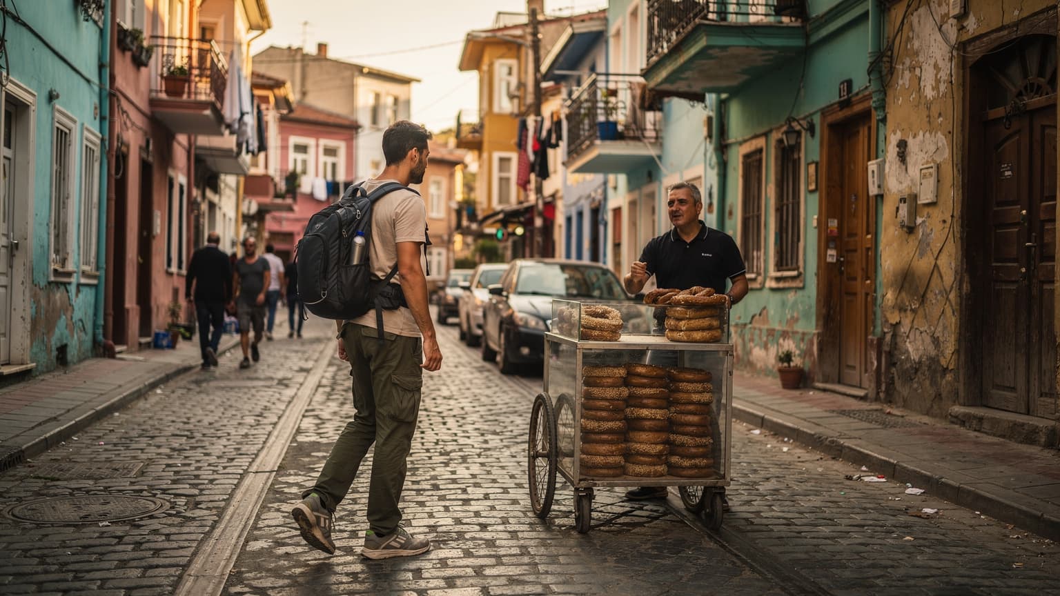 Un mochilero con una pequeña mochila caminando por una calle adoquinada en el barrio de Balat en Estambul, rodeado de casas coloridas y gente local, bajo una luz suave de atardecer.