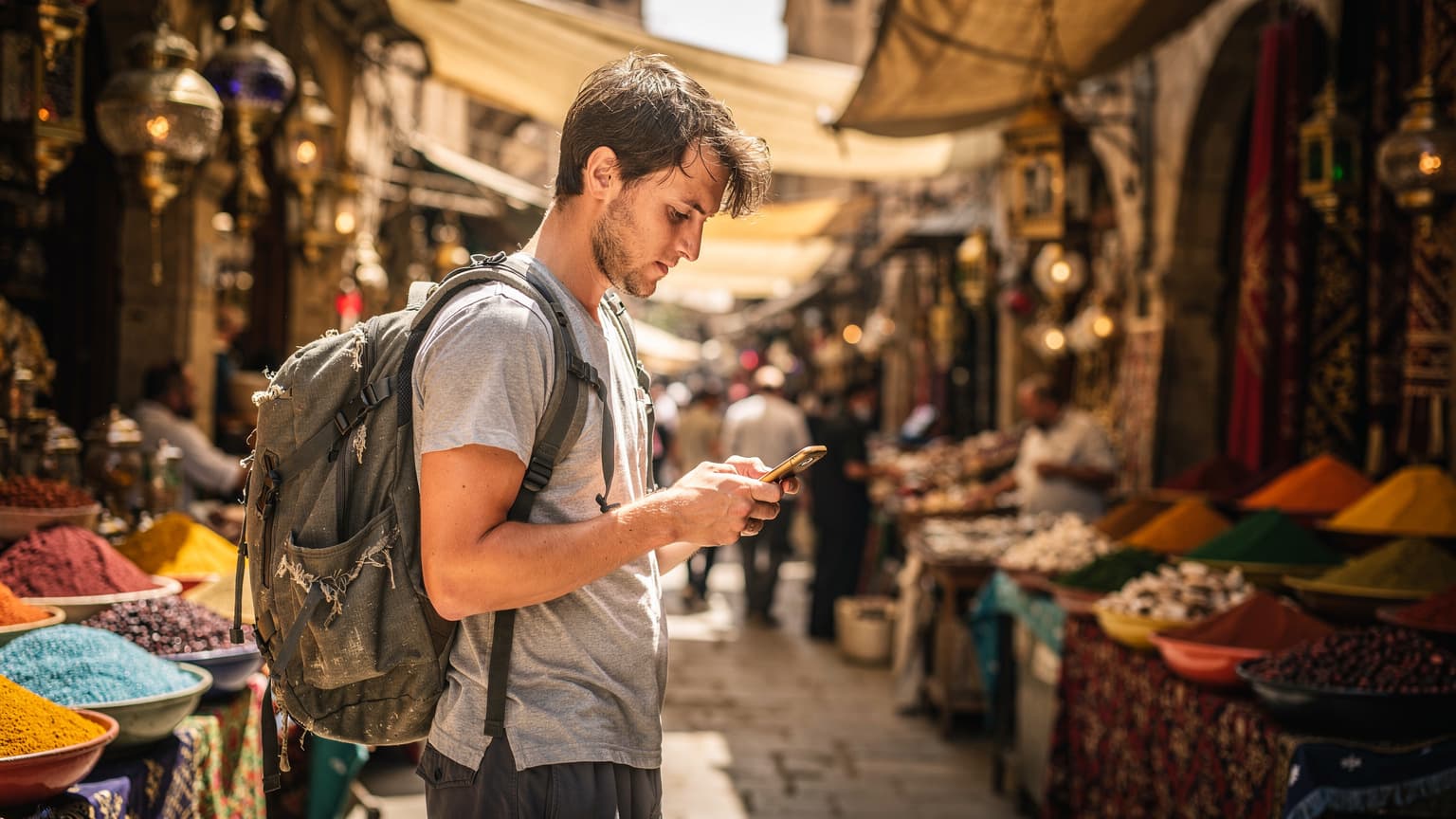 Un viaggiatore zaino in spalla consulta il suo smartphone mentre si trova in un souk affollato del Cairo, con spezie e tessuti colorati sullo sfondo.