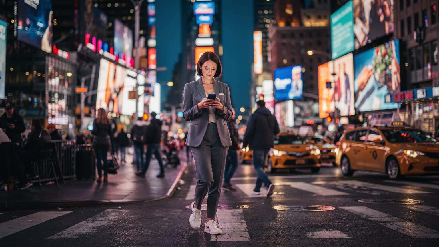 A woman confidently walking through the vibrant streets of New York City's Times Square at dusk, illuminated by neon signs and holding her smartphone.