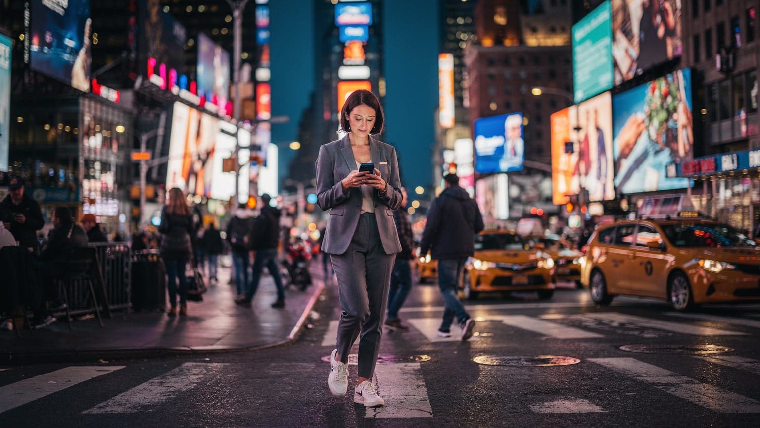 A woman confidently walking through the vibrant streets of New York City's Times Square at dusk, illuminated by neon signs and holding her smartphone.