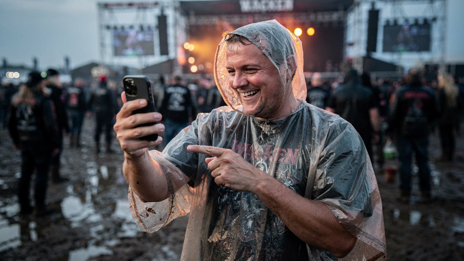 Ein Festivalbesucher mit einem Smartphone in der Hand, zeigt lachend auf den Bildschirm, während er inmitten einer feiernden Menge auf dem Wacken Open Air Gelände steht, der Boden ist leicht matschig.