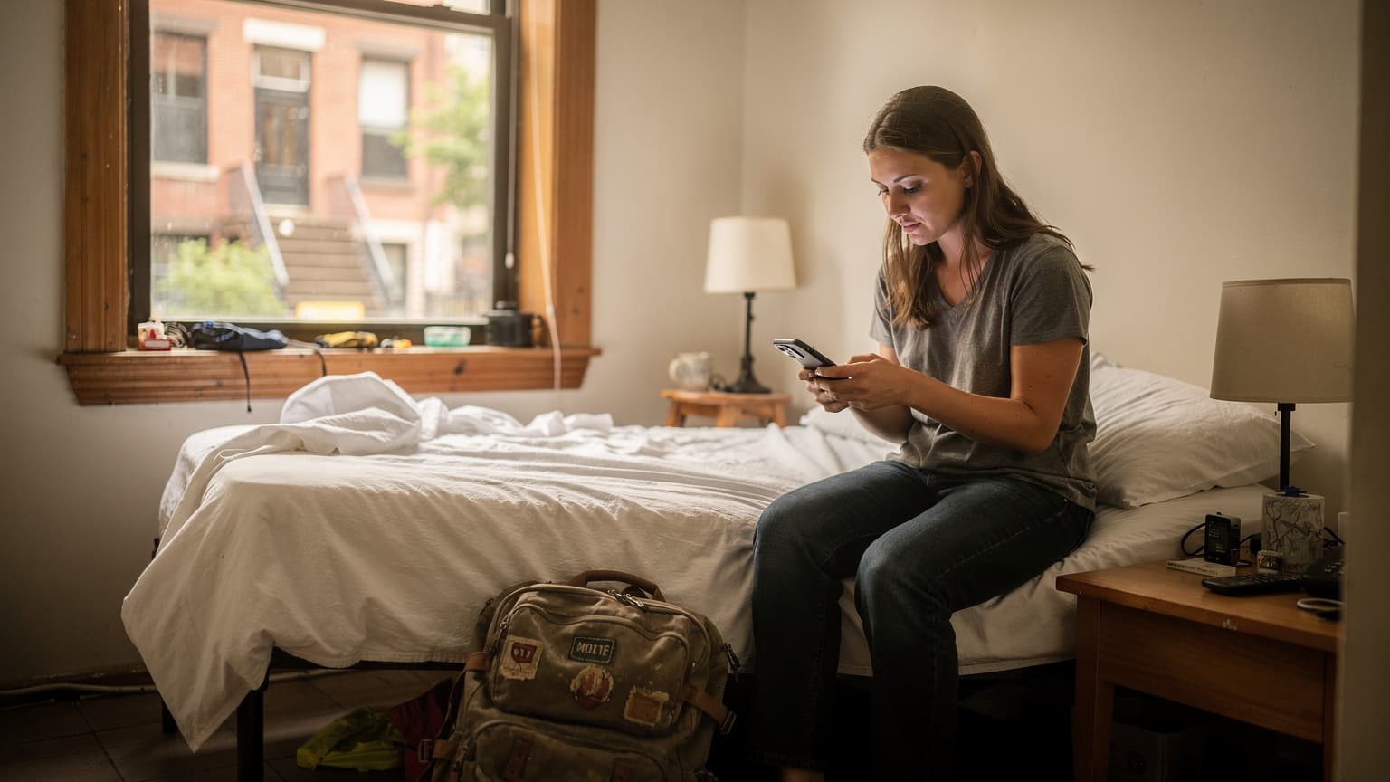 Eine junge Frau überprüft auf ihrem Smartphone eSIM-Tarife, während sie an einem sonnigen Fenster in einem Hostelzimmer in Brooklyn, New York, sitzt.